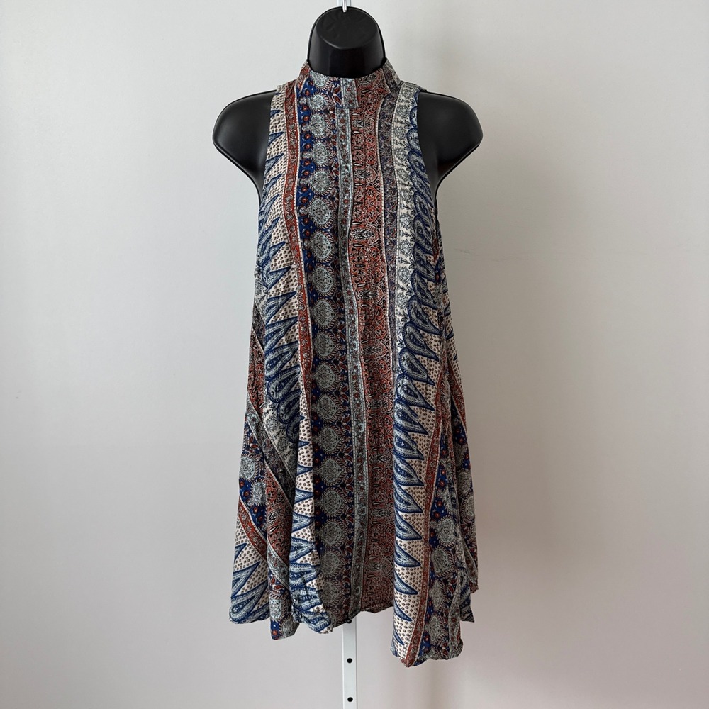 Free People S Blue Orange‎ Paisley Halter Trapeze Dress Y2K Boho Summer